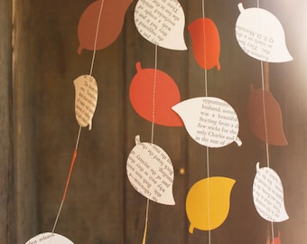 Party Decoration, Leaf Garland, Fall Garland, Paper Garland, Book Page Garland, Leaf Decoration, 10 feet long, Made to Order