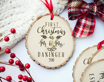 Our First Christmas Wedding Gift, Rustic First Christmas Ornament, Wood first Christmas Ornament, Our First Christmas as Mr and Mrs Ornament