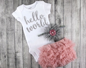 Dusty Rose Baby Girl Coming Home Outfit / Newborn Girl Hello World Bodysuit / Dusty Rose Bloomers & Headband Set / Baby Girl Hospital Outfit