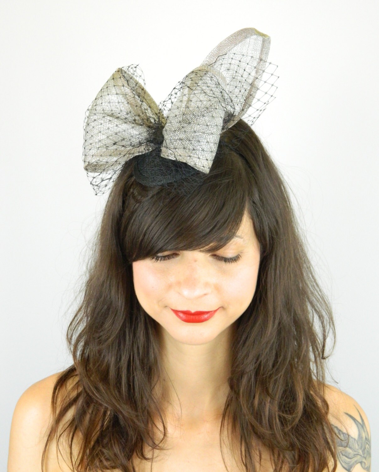 Fascinator Headpiece with Silver Large Bow and Black Veil