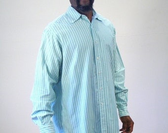 Classic 80s Brooks Brothers Shirt, Button Down Oxford, Aquamarine Stripes, Colorful Brooks Bros Oxford Button Down, Size L