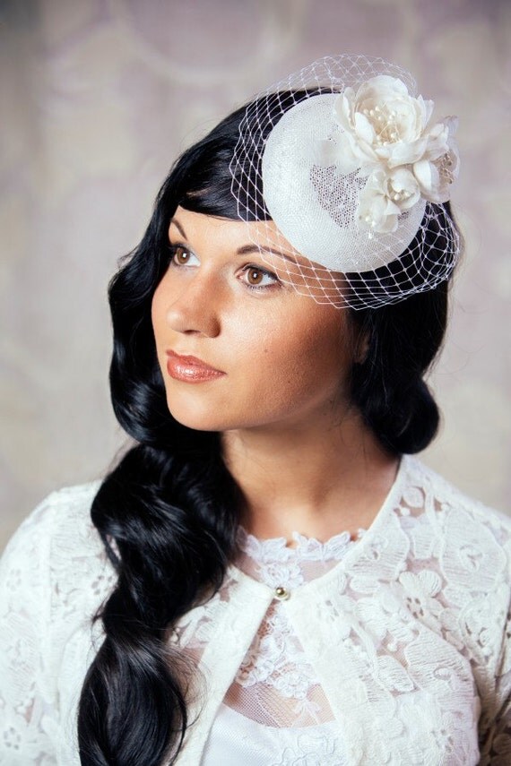 White Bridal Pillbox Hat with Silk Flowers and Birdcage Veil