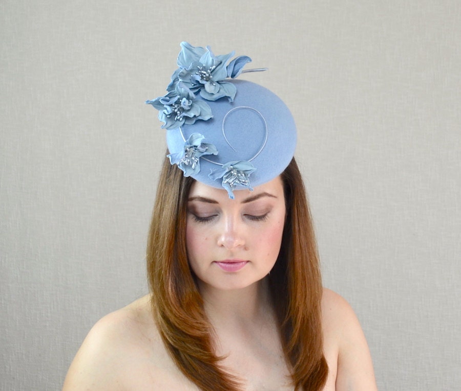 Light Blue Felt Pillbox Hat Fascinator with Leather Flowers
