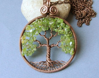 Tree-Of-Life necklace Copper Peridot olivine pendant chain Family tree pendant Green tree Wedding anniversary copper August birthstone MW04