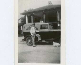 Ray's Fine Baked Goods Van Driver, Dog at Gas Station 1930s-40s: Vintage Snapshot Photo (511427)