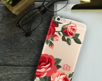 Monogrammed Iphone 6 case clear, Roses Iphone 6s plus case transparent, Pretty women's accessory, TPU bumper, Summer party gift (1588)