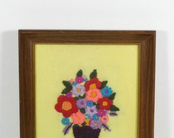 Crewel Embroidery Flower Basket - Framed Vintage Embroidery - Crewel Work