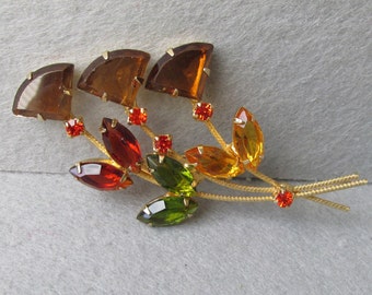 Juliana Delizza & Elster Wide Topaz Kite Rhinestone Fall Colors Flower Vintage Brooch Pin
