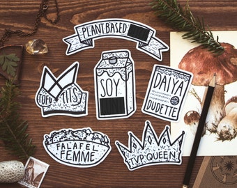 Vegan Sticker Pack | 6 Handmade Stickers | Tofu, Soy Milk, Daiya Cheese, Falafel Femme, Plant Based Banner | Animal Rights, Laptop Stickers