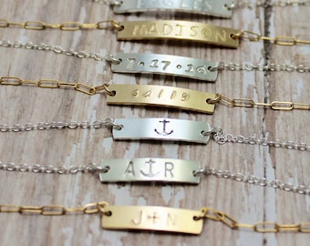 Personalized Bar Bracelet, Small Bar Name Bracelet, Bracelet with Date, Couples Bracelet, Hand Stamped, Sterling Silver, 14K Gold Filled