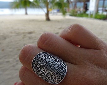 Mandala Ring, Engraved Ring, 925 Sterling Silver Ring, Boho Ring, Gypsy Solid Sterling Statement Ring, Personalized Ring, Handmade Ring