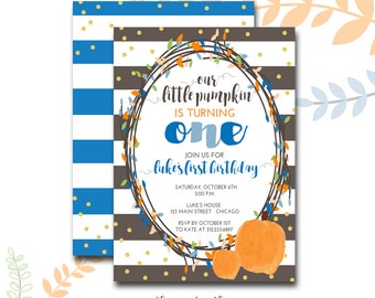 Pumpkin 1st Birthday Invitation, Boy's First Birthday, Little Pumpkin, Fall Birthday, Pumpkin, Orange and Blue, Printed or Printable