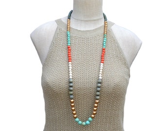 long boho necklace / wood bead necklace / modern necklace / multi color necklace / mint gold gray orange / long beaded necklace / summer