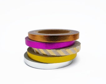 Slim Foil Washi Tape Collection - Copper, Gold, Silver & Pink - 5 x 5mm Tapes