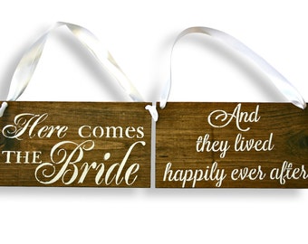 REVERSIBLE Here comes the Bride Sign DOUBLE SIDED They Lived Happily Ever After Rustic Wedding Wood Sign Wooden Signs