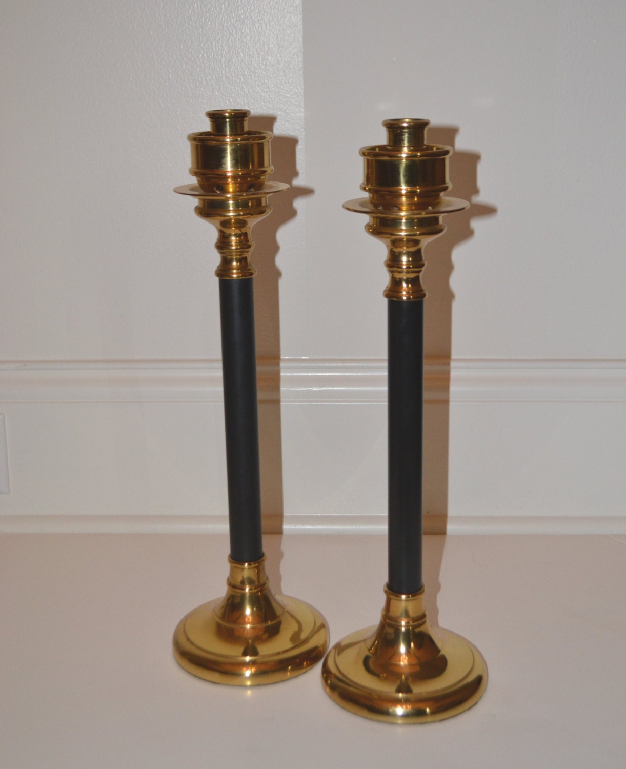 Pair of Tall Candle Sticks Vintage 1985 Modern Black Laquer