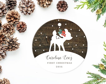 Baby's First Christmas Ornament, Personalized Children's Ornament, Little Deer on Wood Background with Snowflakes and Holly