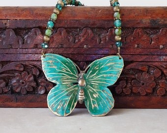 Butterfly pendant necklace-green turquoise hand painted butterfly- Bohemian necklace-Vintaj patina necklace-antique brass