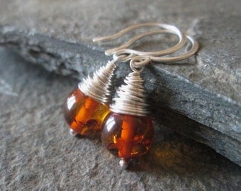 SALE Amber Earrings - Amber Jewellery, Amber Jewelry, Wire Wrap Jewelry, Real Amber, Gift Jewellery, Silver, Gemstone