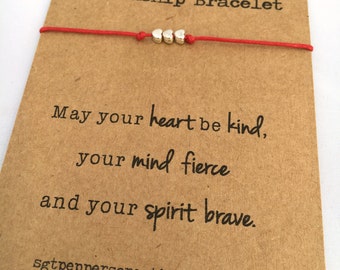 Heart Friendship Bracelet ~ Silver Beads ~ Waxed Cotton Cord ~ May your heart be kind, your mind fierce and your spirit brave ~ adjustable