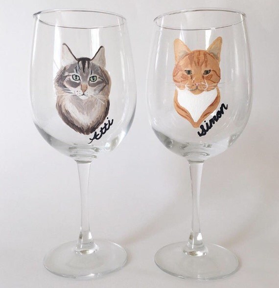 Items similar to Cat, cat wine glass, cat painting, cat lover, pet