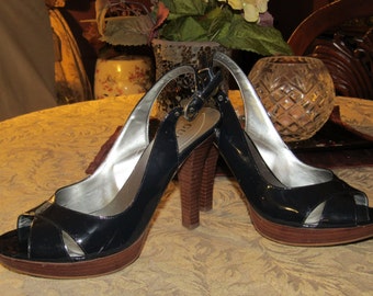 Navy Blue Open Toe Sling Back High Heels - Size 7 1/2 M