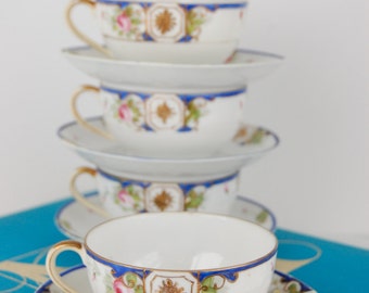 Nippon Tea Cups - Vintage Nippon Tea Cups & Saucers - Hand Painted Tea Cup
