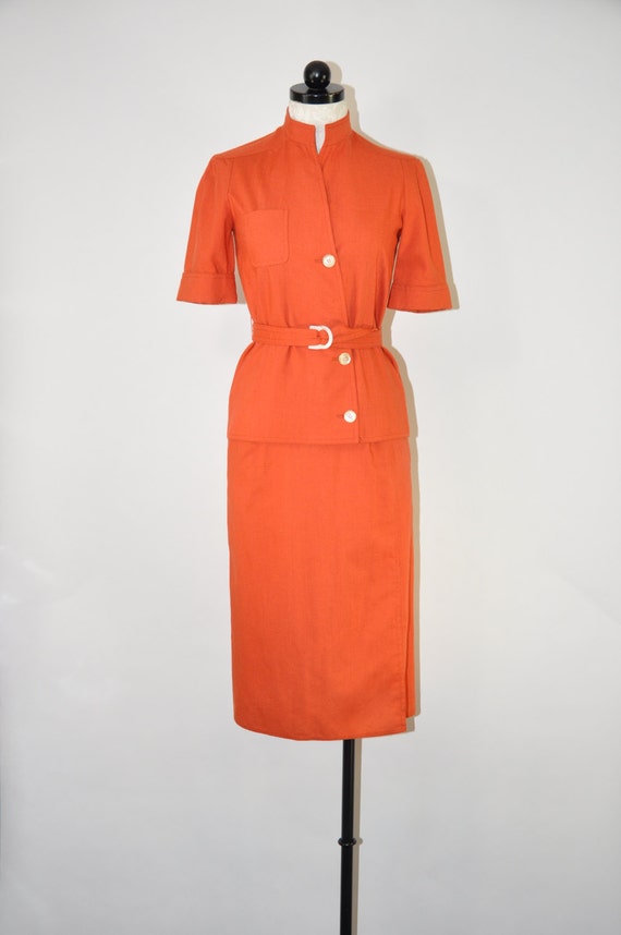 60s burnt orange cotton suit / rust two piece skirt suit