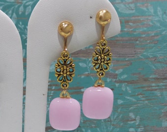 Long Pink Clip On Earrings with Floral Detail, Dangle Clip Earring, Clipon, Fused Glass Jewelry - Pretty Pink - -6