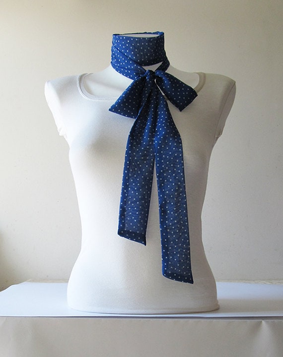 Blue Skinny Scarf Long Thin Scarf with Angled Ends Polka Dot