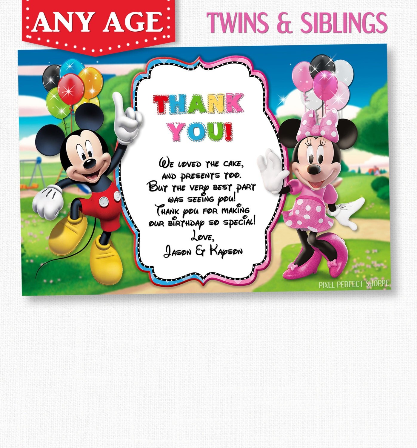 YOU CHOOSE Mickey Goofy Twins Thank You Card by PixelPerfectShoppe