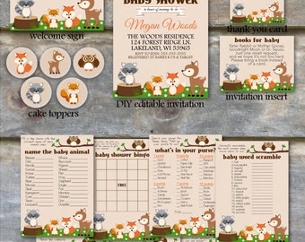 Woodland Baby Shower Party Package - Woodland Animal Baby Shower Package, Printable Baby Shower Package, Woodland Shower Package - DIY