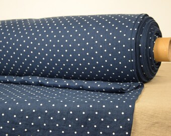 Pure 100% linen fabric. 190gsm. Polka dot, white on ink blue background. Middle weight, washed-softened. For clothes, other wide usage.