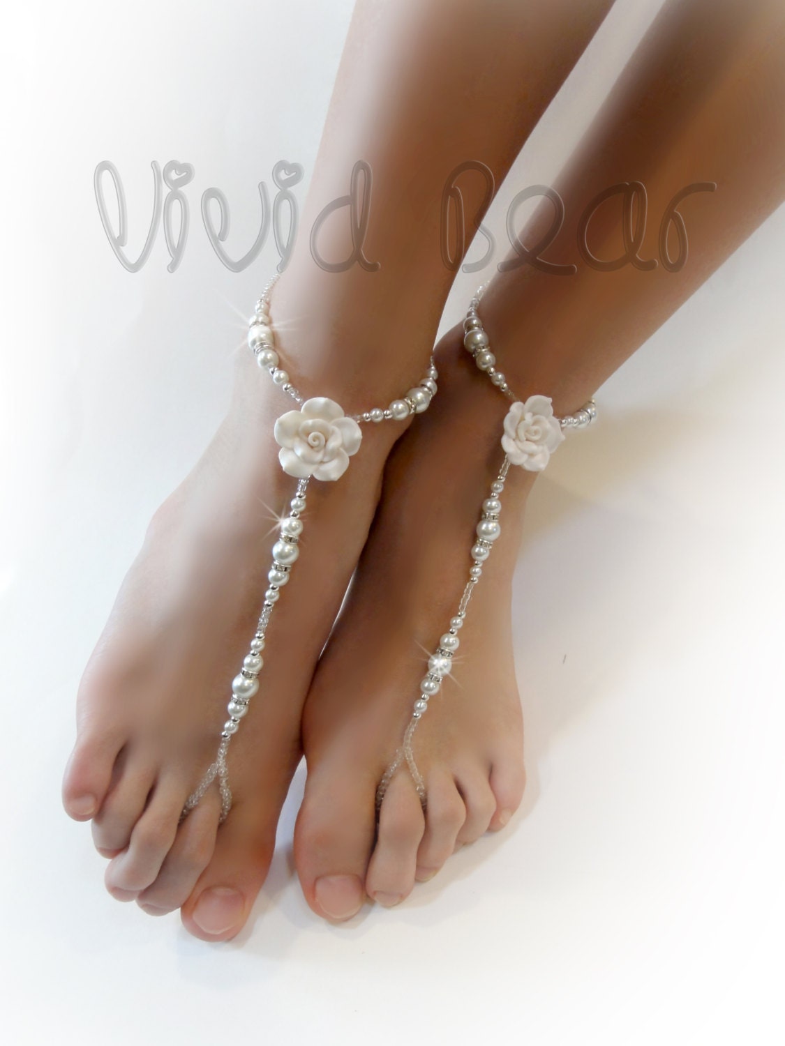 Wedding Beaded Barefoot Sandals. Foot Jewelry. Anklets. White