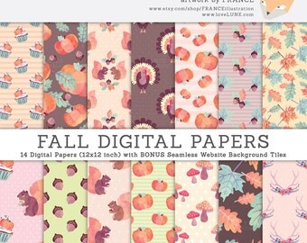 Fall Autumn Digital Papers. GET 3 FOR 2. Thanksgiving Watercolor Pumpkin, Squirrel, Cupcake, Acorn, Leaves, Leaf, Turkey. Polka Dots. CA005.