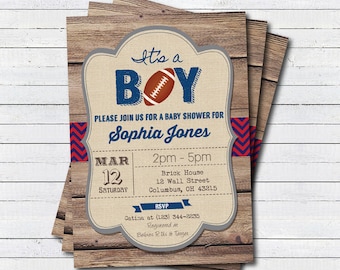 Football baby shower invitation. It's a boy, rustic wood American football sport theme couples baby shower. printable invite B106