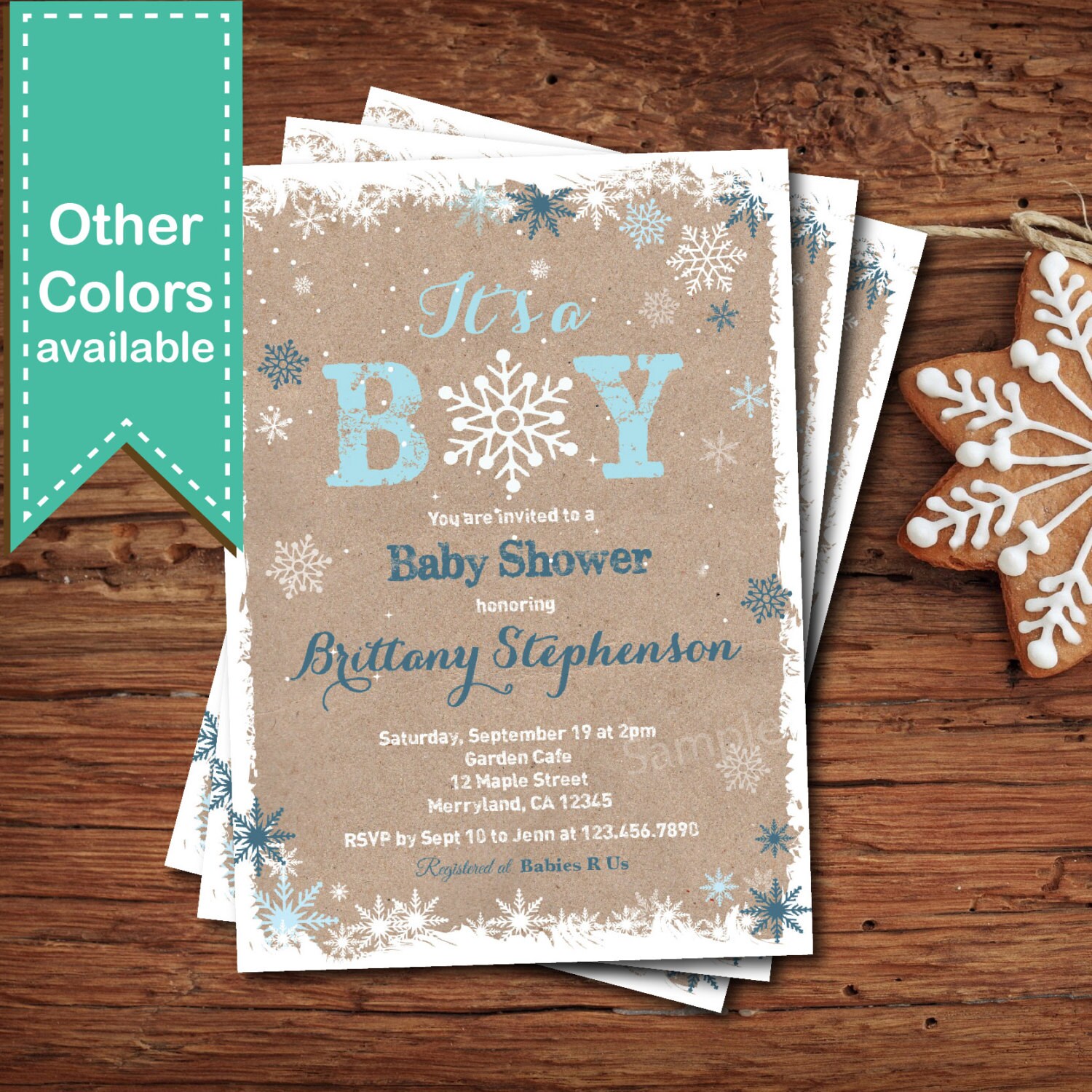Winter baby boy shower invitation. Rustic wood chalkboard or