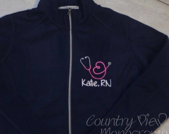 Women's stethoscope fleece jacket- Nurse RN with heart shaped stethoscope
