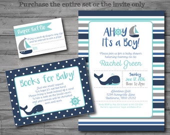 PRINTED, Nautical Baby Shower Invitation, nautical baby shower invite, whale, baby boy, books for baby, diaper raffle, book request