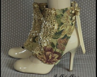 Steampunk Spats TAPESTRY SPATS Victorian Spats Vintage Ivory LACE and Pearls Lace Up Spats Steampunk Clothing by SweetDarknessDesigns
