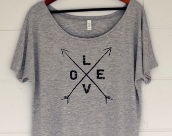 Slouchy Tee. Love Off Shoulder T-Shirt. Top. Arrows. Valentine's. Mother's Day. Gift.