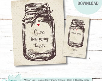 Mason Jar Guess How Many Kisses, Bridal Shower Game, Baby Shower Game, Printable, Instant Download, Guess Game, Kisses Game, Rustic, 1J