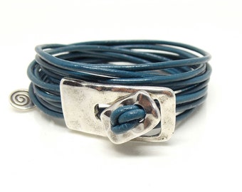 6 Strand Leather Wrap Bracelet with Silver Zamak Metal Rectangle and Button Closure Bracelet (Created in the Spanish Uno de 50 Style)