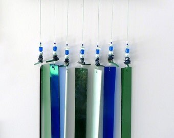Stained Glass Windchime - Prairie style - Royal blue - Seafoam green - Porch décor, BL1001