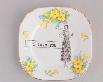 SALE! Unique and original romantic gift; upcycled vintage square Bell yellow floral china; twenties flapper lady quirky wall art;