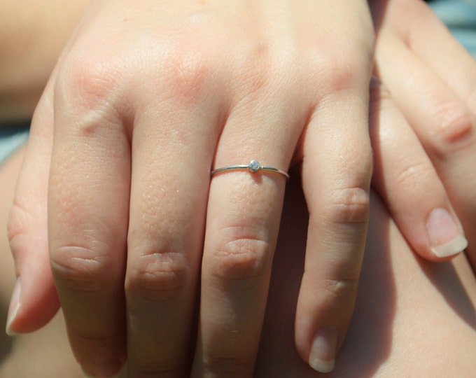 Tiny CZ Diamond Ring, White Gold Diamond Stacking Ring, Solid White Gold Diamond Ring, Diamond Mothers Ring, April Birthstone, Diamond Ring