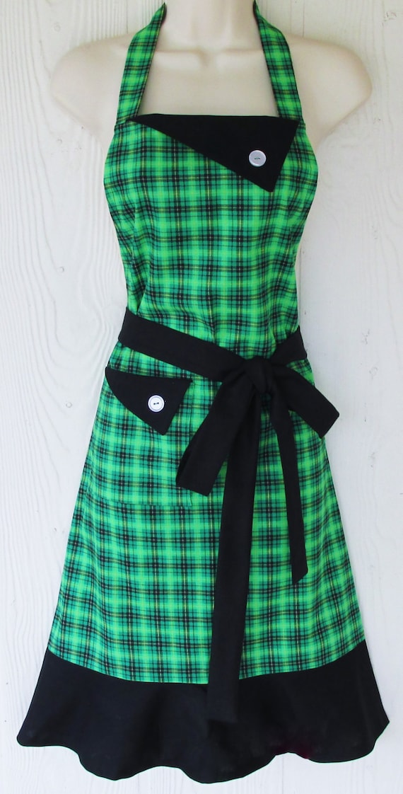 Green Plaid Apron St Patricks Day Apron Kelly Green Retro