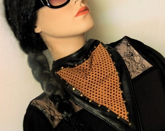 Unique double layered leather statement necklace biker look shawl