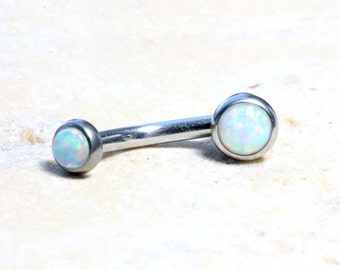 White Fire Opal Belly Button Ring 14G, Dainty White Fire Opal Navel Ring, Surgical Steel Navel Piercing, Internally Threaded Curved Barbell