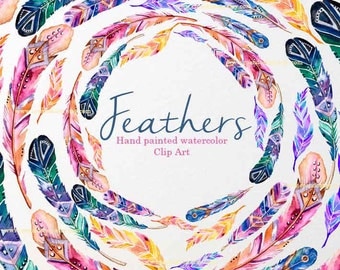 Tribal Feathers Clipart, Bird Feather Clip Art, Cardmaking, GraphicFeathers, Watercolor Feathers Clipart, Watercolor clipart bohemian